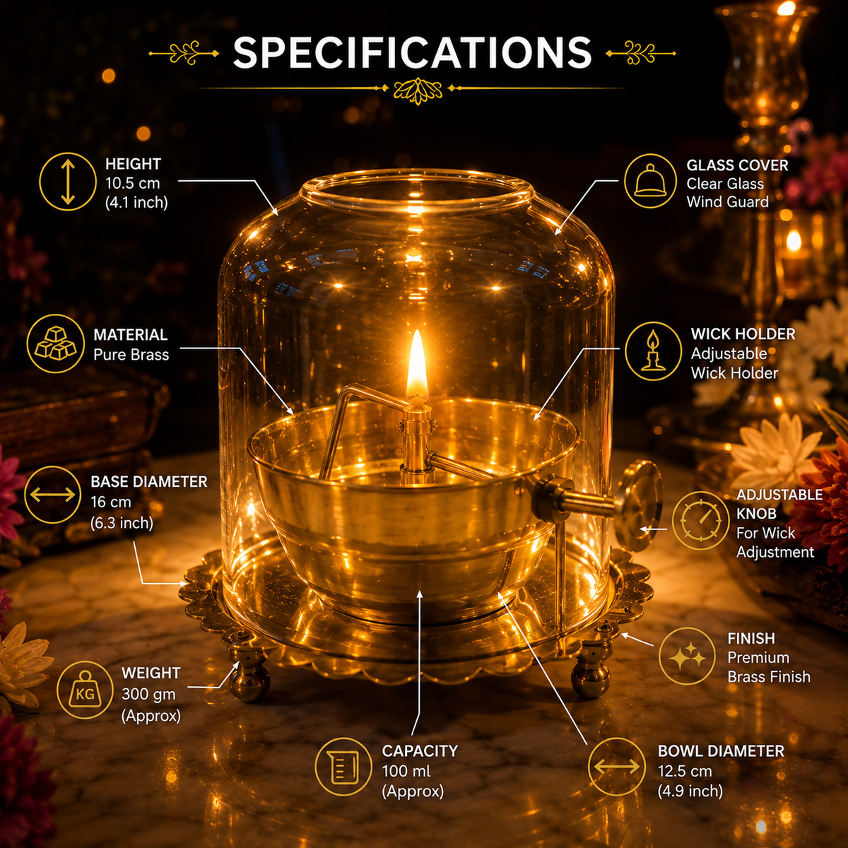 Akhand Diya Lamp with Adjustable wick & Glass
