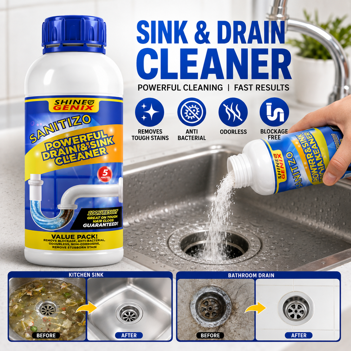 Sanitizo Powerful Drain & Sink Cleaner Powder 250 gm (Pack of 4)