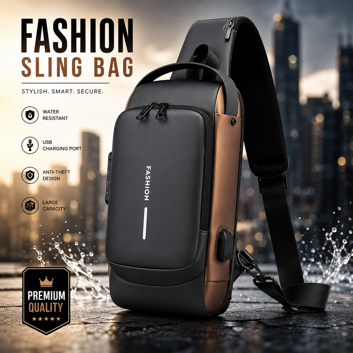 Crossbody Sling Bag for Men Women, Anti-Theft Fashion Chest Bag with Usb Charging Port, Messenger Bags, Waterproof Casual Shoulder Bag