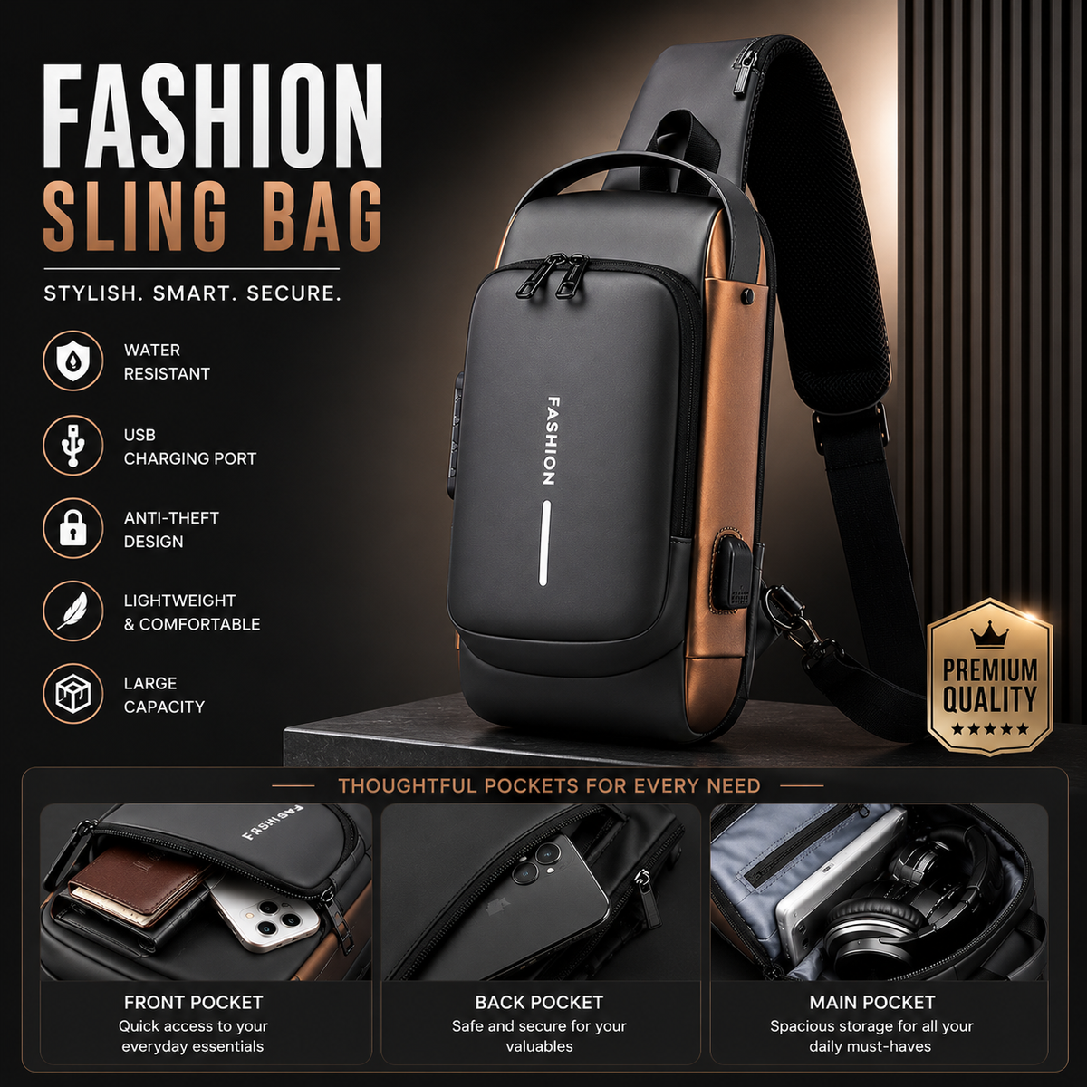 Crossbody Sling Bag for Men Women, Anti-Theft Fashion Chest Bag with Usb Charging Port, Messenger Bags, Waterproof Casual Shoulder Bag