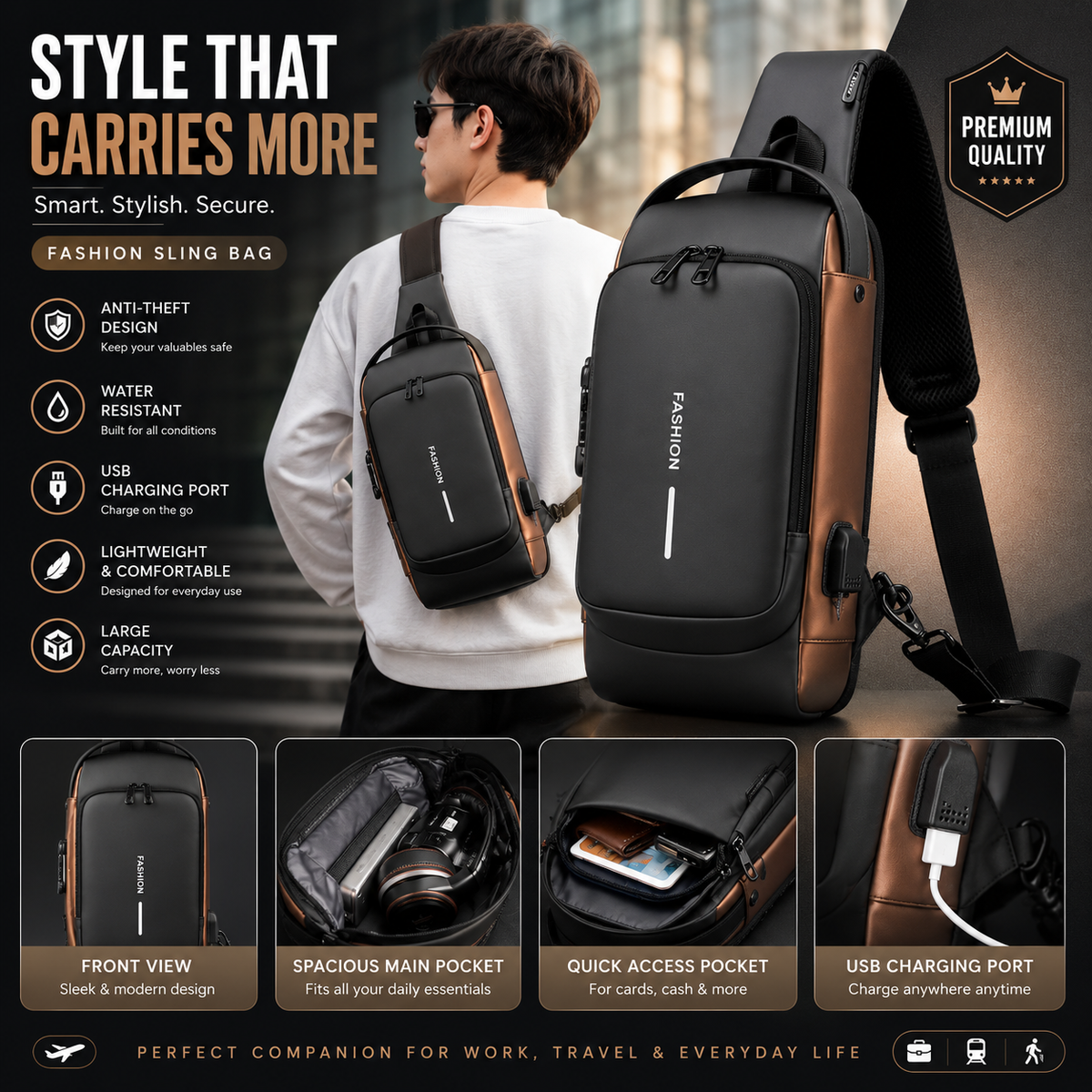 Crossbody Sling Bag for Men Women, Anti-Theft Fashion Chest Bag with Usb Charging Port, Messenger Bags, Waterproof Casual Shoulder Bag