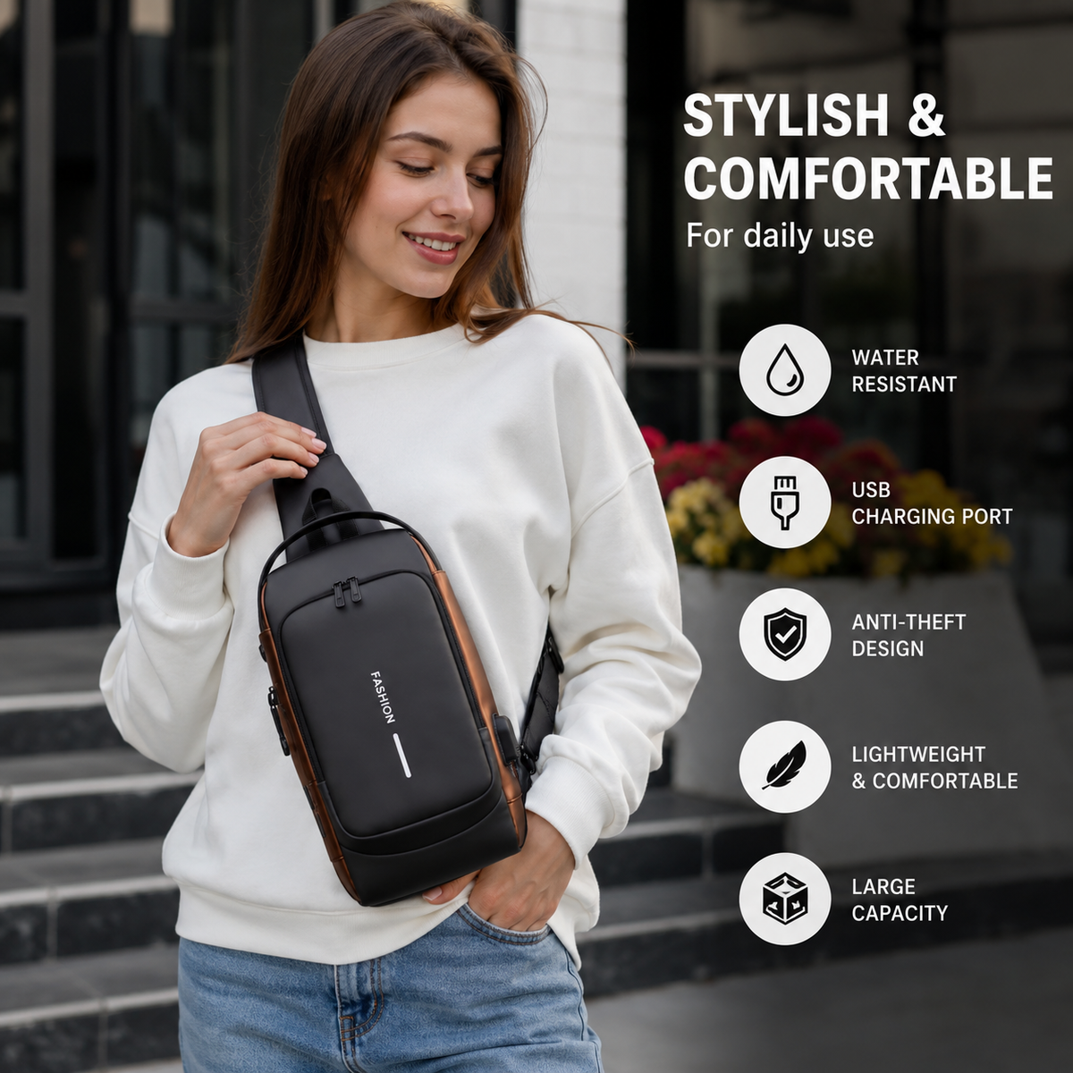 Crossbody Sling Bag for Men Women, Anti-Theft Fashion Chest Bag with Usb Charging Port, Messenger Bags, Waterproof Casual Shoulder Bag
