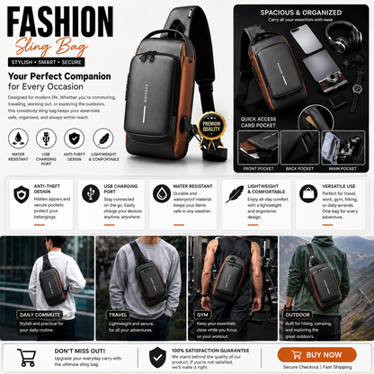 Crossbody Sling Bag for Men Women, Anti-Theft Fashion Chest Bag with Usb Charging Port, Messenger Bags, Waterproof Casual Shoulder Bag